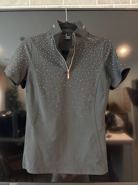 Women's HorseGloss Black Short-Sleeve Zip Polo Black and Rose Gold NWT